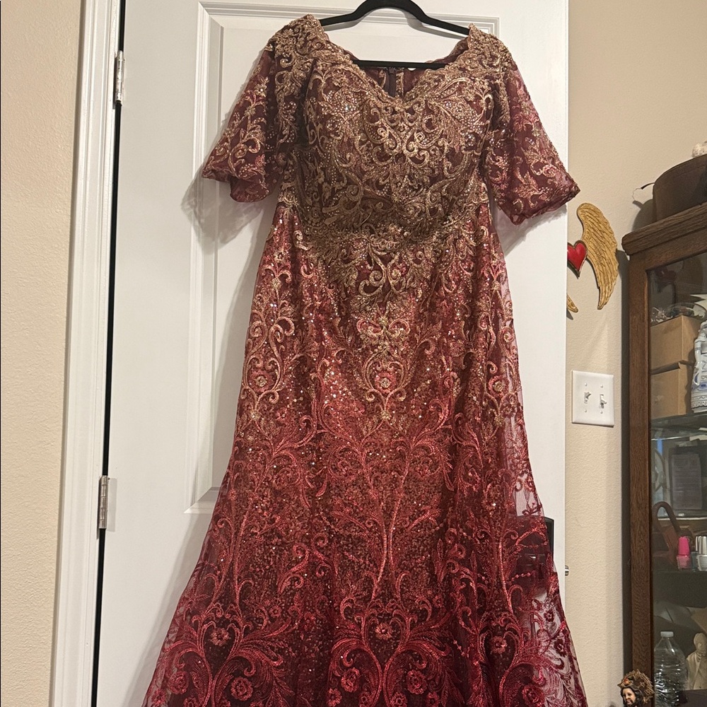 Mon Cheri Burgundy and Gold Long Sleeve Dress